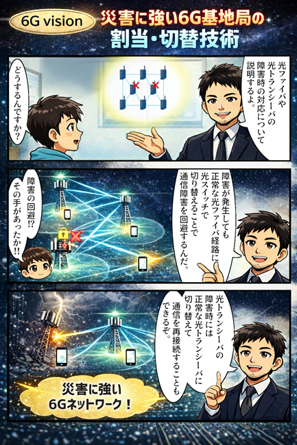 3コマ漫画：無線通信との接続の短距離光通信の研究